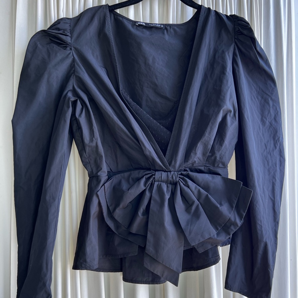 Zara - small - black statement top - peplum with inner mesh polka dot tank & bow